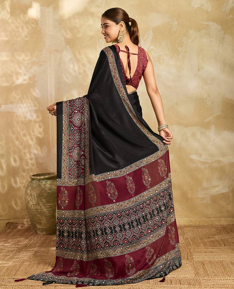 black digital print with mirror work chinon saree with blouse