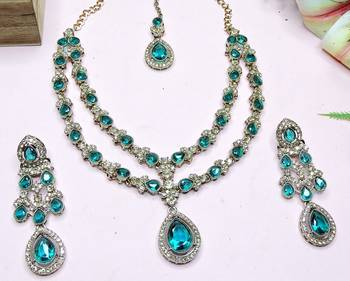 Green yellow gold premium designer american diamond and stone work necklace set 3