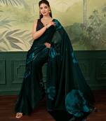 dark green digital print satin saree with blouse