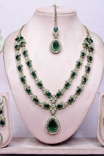 Green yellow gold premium designer american diamond and stone work necklace set