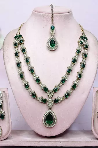 Green yellow gold premium designer american diamond and stone work necklace set