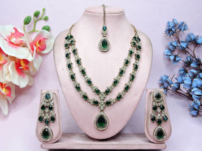 Green yellow gold premium designer american diamond and stone work necklace set