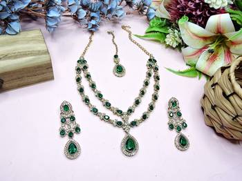 Green yellow gold premium designer american diamond and stone work necklace set 2