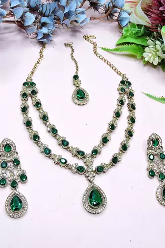 Green yellow gold premium designer american diamond and stone work necklace set