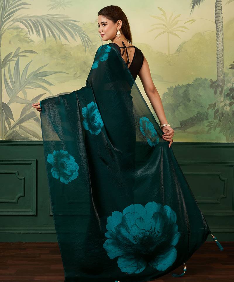 dark green digital print satin saree with blouse
