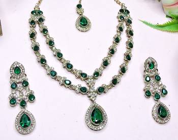 Green yellow gold premium designer american diamond and stone work necklace set 3