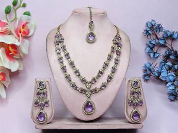 Purple yellow gold premium designer american diamond and stone work necklace set 1
