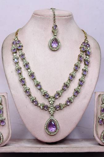 Purple yellow gold premium designer american diamond and stone work necklace set