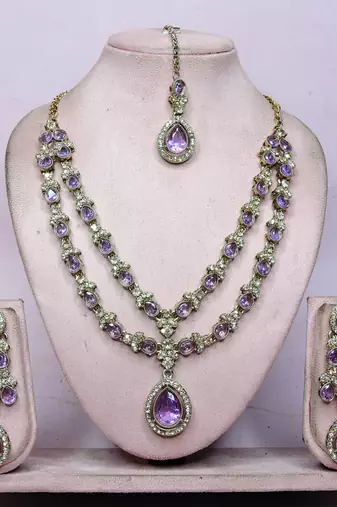 Purple yellow gold premium designer american diamond and stone work necklace set