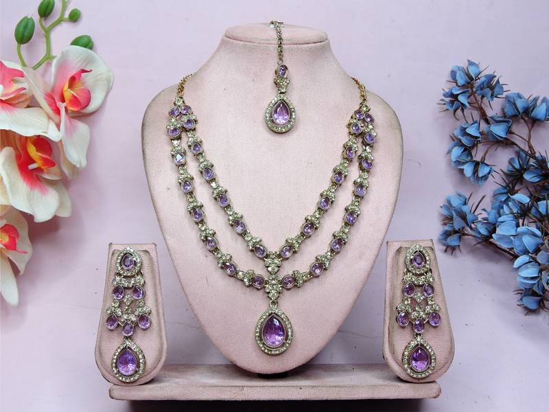Purple yellow gold premium designer american diamond and stone work necklace set