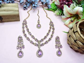 Purple yellow gold premium designer american diamond and stone work necklace set 2