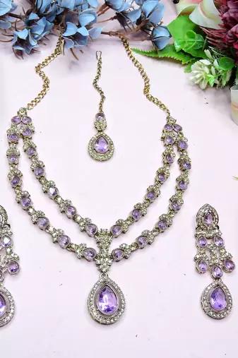 Purple yellow gold premium designer american diamond and stone work necklace set