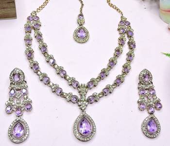 Purple yellow gold premium designer american diamond and stone work necklace set 3