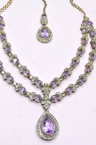Purple yellow gold premium designer american diamond and stone work necklace set