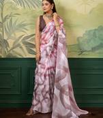 lavender digital print satin saree with blouse