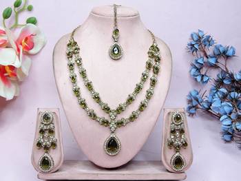 Green yellow gold premium designer american diamond and stone work necklace set 1