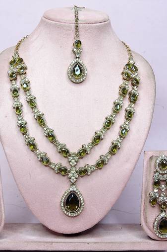 Green yellow gold premium designer american diamond and stone work necklace set