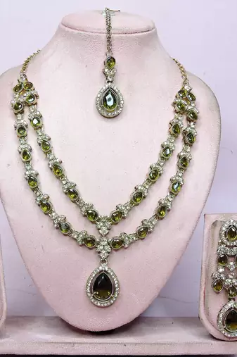 Green yellow gold premium designer american diamond and stone work necklace set