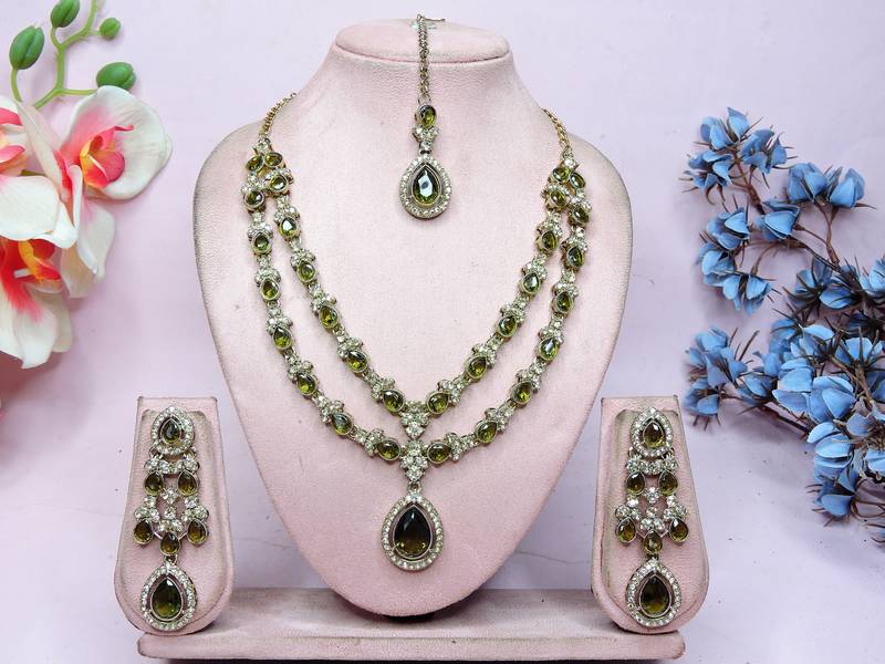 Green yellow gold premium designer american diamond and stone work necklace set