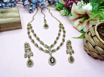 Green yellow gold premium designer american diamond and stone work necklace set 2