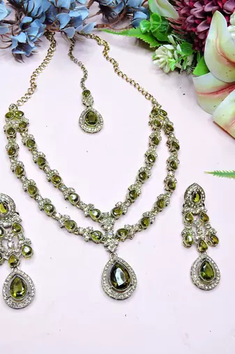 Green yellow gold premium designer american diamond and stone work necklace set