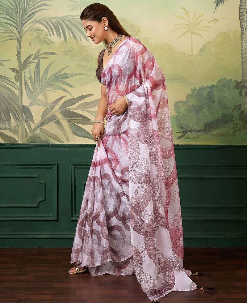 lavender digital print satin saree with blouse