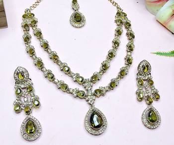 Green yellow gold premium designer american diamond and stone work necklace set 3