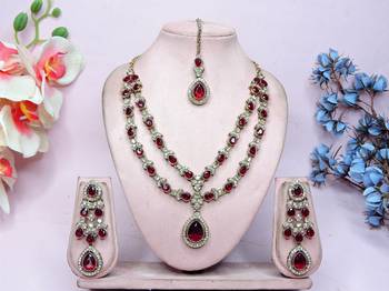 Maroon yellow gold premium designer american diamond and stone work necklace set 1