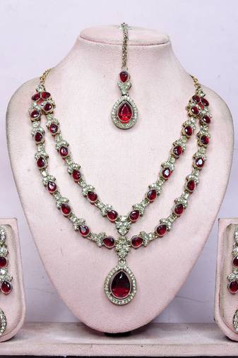 Maroon yellow gold premium designer american diamond and stone work necklace set