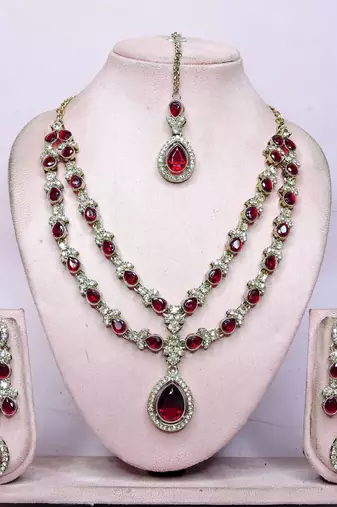 Maroon yellow gold premium designer american diamond and stone work necklace set