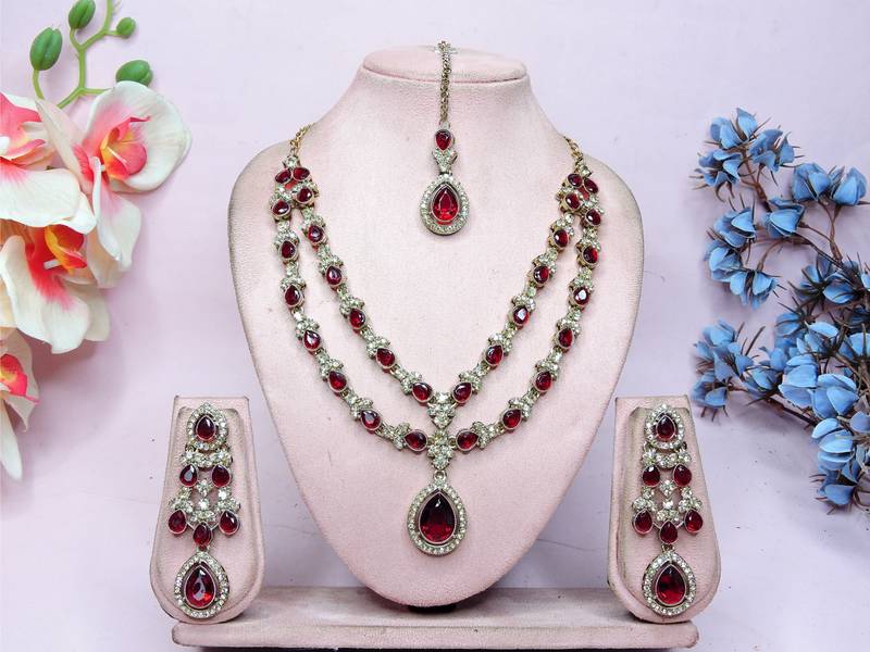 Maroon yellow gold premium designer american diamond and stone work necklace set