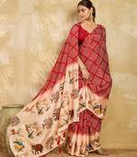 red digital print with mirror work silk blend saree with blouse
