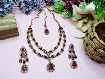 Maroon yellow gold premium designer american diamond and stone work necklace set 2