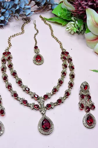 Maroon yellow gold premium designer american diamond and stone work necklace set