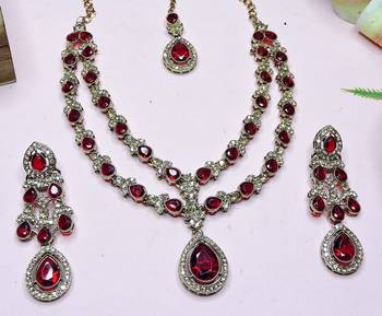 Maroon yellow gold premium designer american diamond and stone work necklace set 3