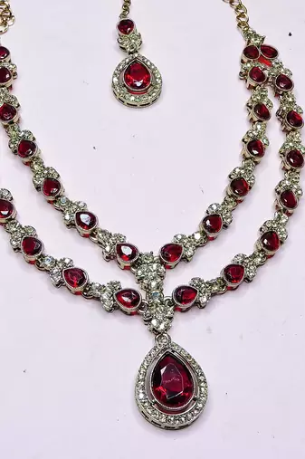 Maroon yellow gold premium designer american diamond and stone work necklace set