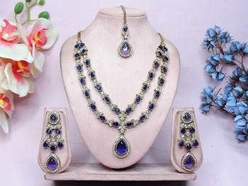 Blue yellow gold premium designer american diamond and stone work necklace set 1