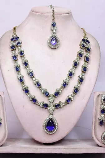 Blue yellow gold premium designer american diamond and stone work necklace set