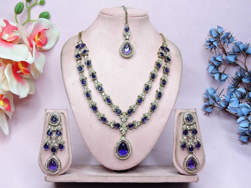 Blue yellow gold premium designer american diamond and stone work necklace set