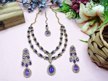 Blue yellow gold premium designer american diamond and stone work necklace set 2