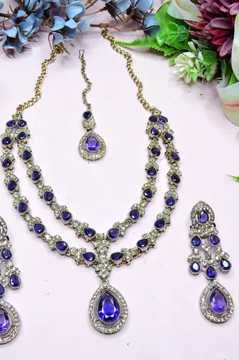 Blue yellow gold premium designer american diamond and stone work necklace set