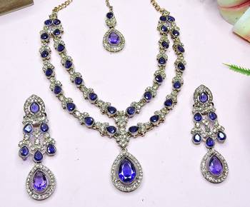 Blue yellow gold premium designer american diamond and stone work necklace set 3