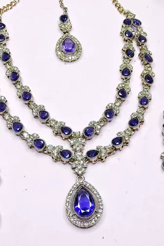 Blue yellow gold premium designer american diamond and stone work necklace set