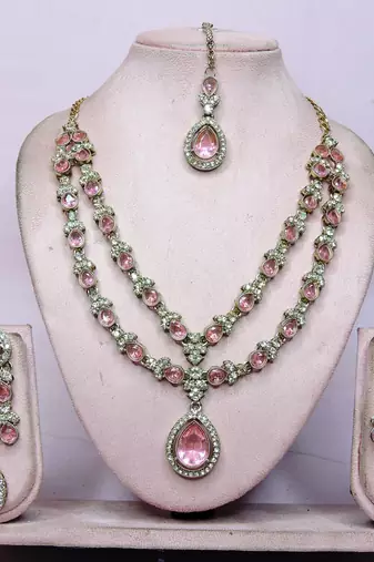 Pink yellow gold premium designer american diamond and stone work necklace set