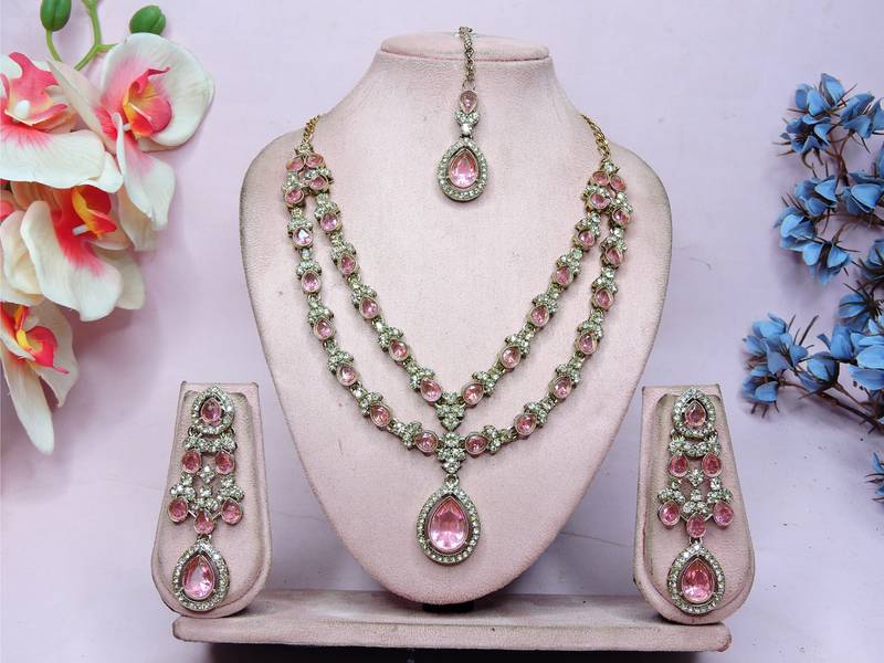 Pink yellow gold premium designer american diamond and stone work necklace set