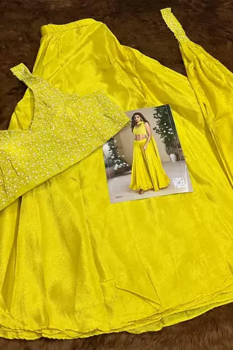 yellow sequins silk blend indo western - free size