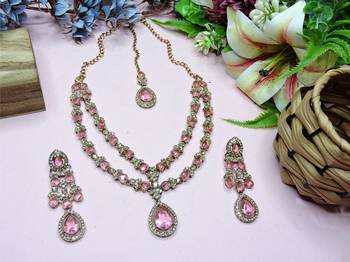 Pink yellow gold premium designer american diamond and stone work necklace set 2