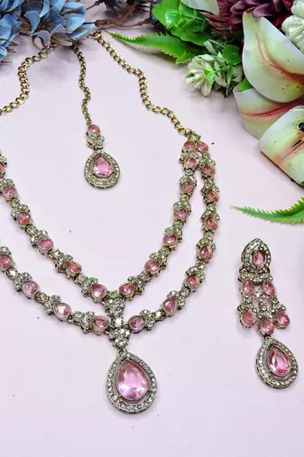 Pink yellow gold premium designer american diamond and stone work necklace set