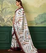 Wine digital print with zari work silk blend saree with blouse