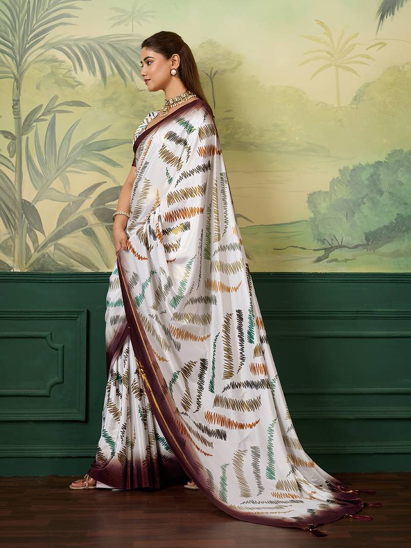 Wine digital print with zari work silk blend saree with blouse